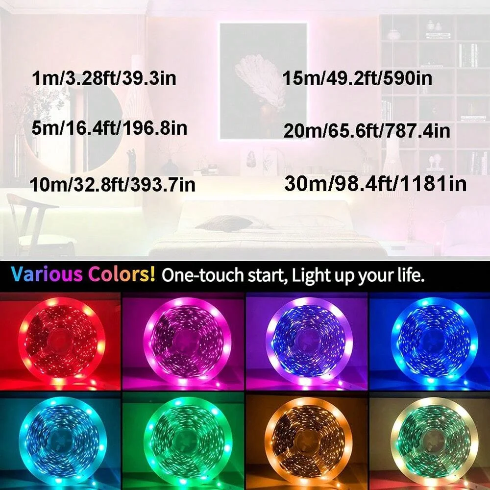 30M/98Ft 5050 USB LED RGB Strip Light 44-Key Remote & APP Control Music Sync 5V Bluetooth TV BackLight For Room Party Decoration