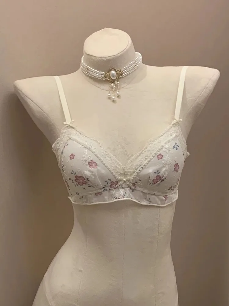 French Floral Underwear Women\'s Small Breasts Gather Summer Thin Show Small Pure Wind Lace Bra Cover Set Collect The Side Milk
