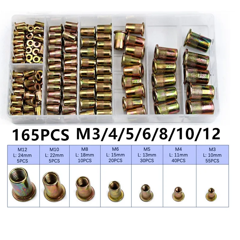 165Pcs Rivet Nut Mixed Zinc Plated Threaded Rivnuts Carbon Steel Insert M3-M12 Flat Head Threaded Insert Kit