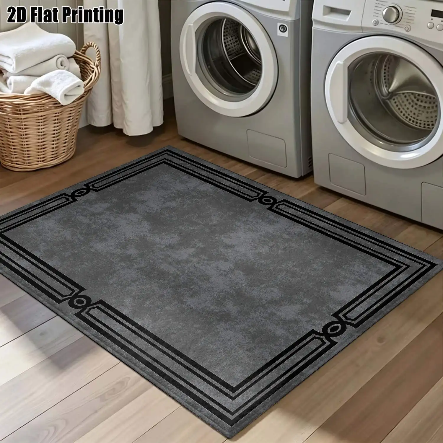 1Pc 2D Printed Carpet: Dark Gray Geometric Border, Modern Minimalist, European/Vintage/Nordic Geometric Striped, Home Decor, Multi-Size, Machine Washable, Ideal for Entrance, Dining, Foyer, Study, Living Room