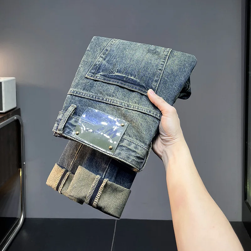 Jeans esfarrapados retrô masculino, calças compridas angustiadas, nostálgico, tendência reta, lazer versátil, outono, novo, 2024