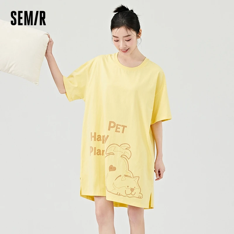 Semir Pajama Dress Women Cotton Printing Lovely Loose Short Sleeve Cartoon Casual Pajama Home Girls Autumn Home Dress