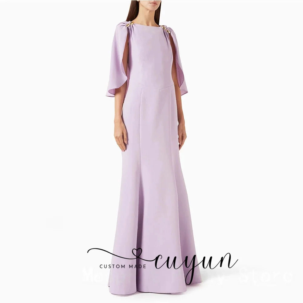 CUYUN personnalisé élégant col rond robe de soirée femmes longueur de plancher robe de bal manches cape robe de soirée formelle lilas robe saoudienne