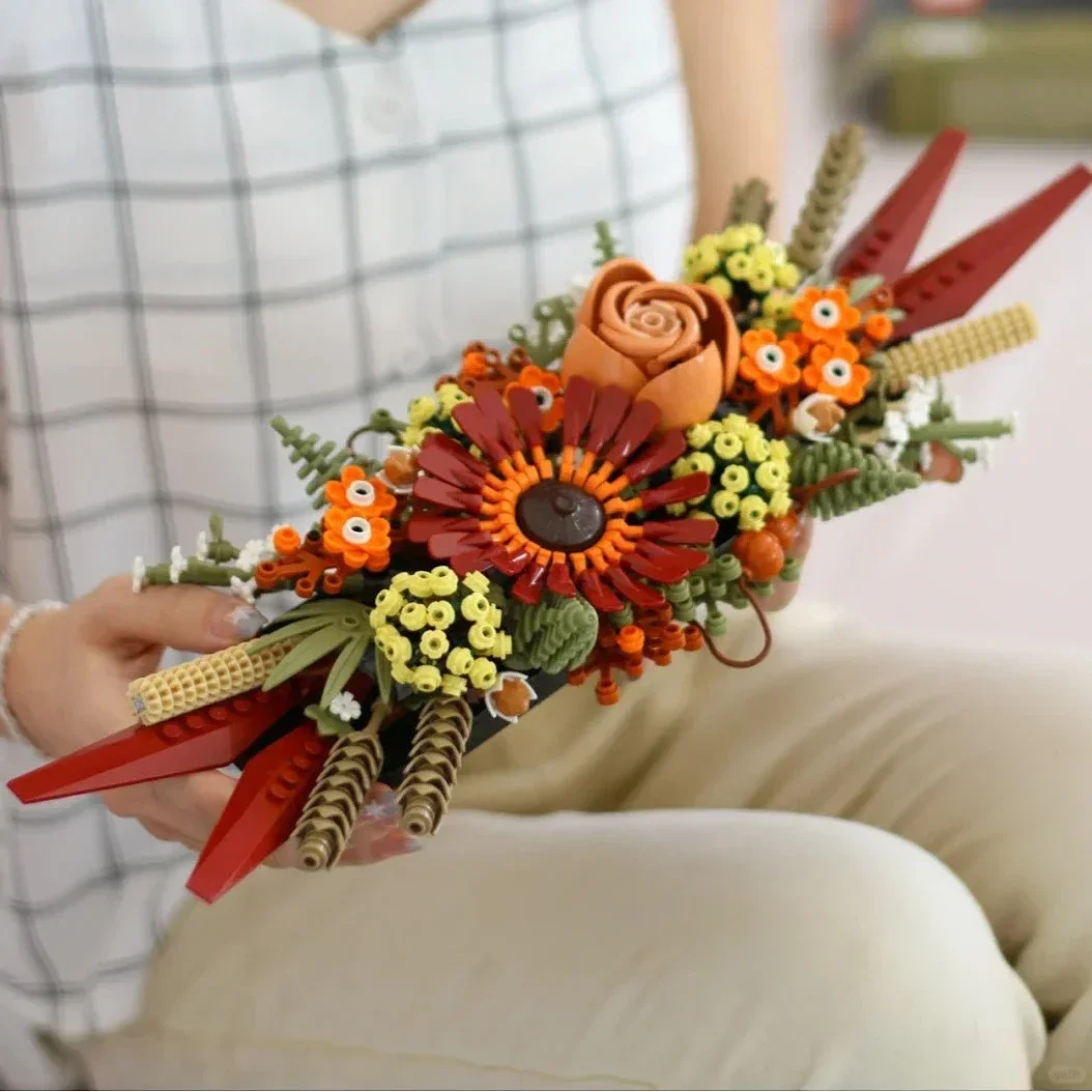 Moc زهرة الطوب الزهور المجففة الاصطناعية ديكور المنزل الورد والجربيرا اللبنات جمع الحرف مجموعة هدية عيد ميلاد اللعب #3