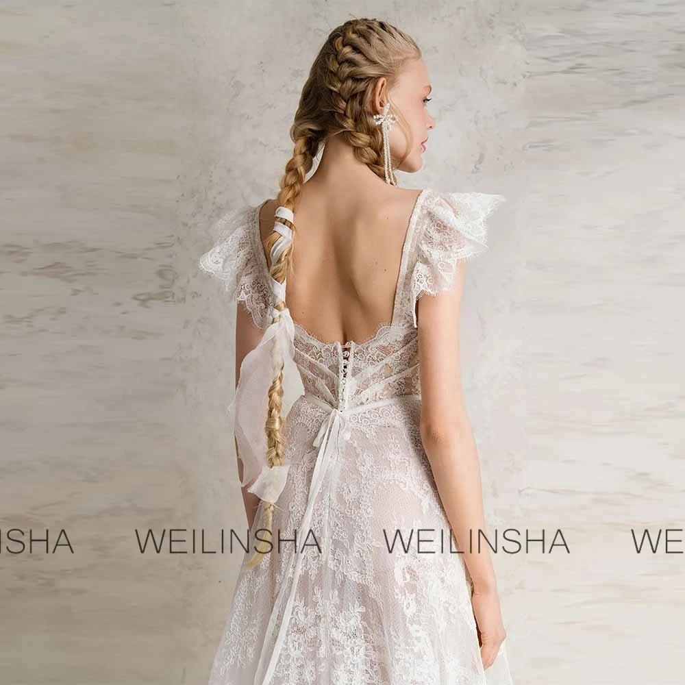 فساتين زفاف الكنيسة Glitz and Glam دانتيل على شكل حرف a فساتين حفلات الزفاف عاجية رقبة مربعة وكشكشة دانتيل فساتين زفاف #4