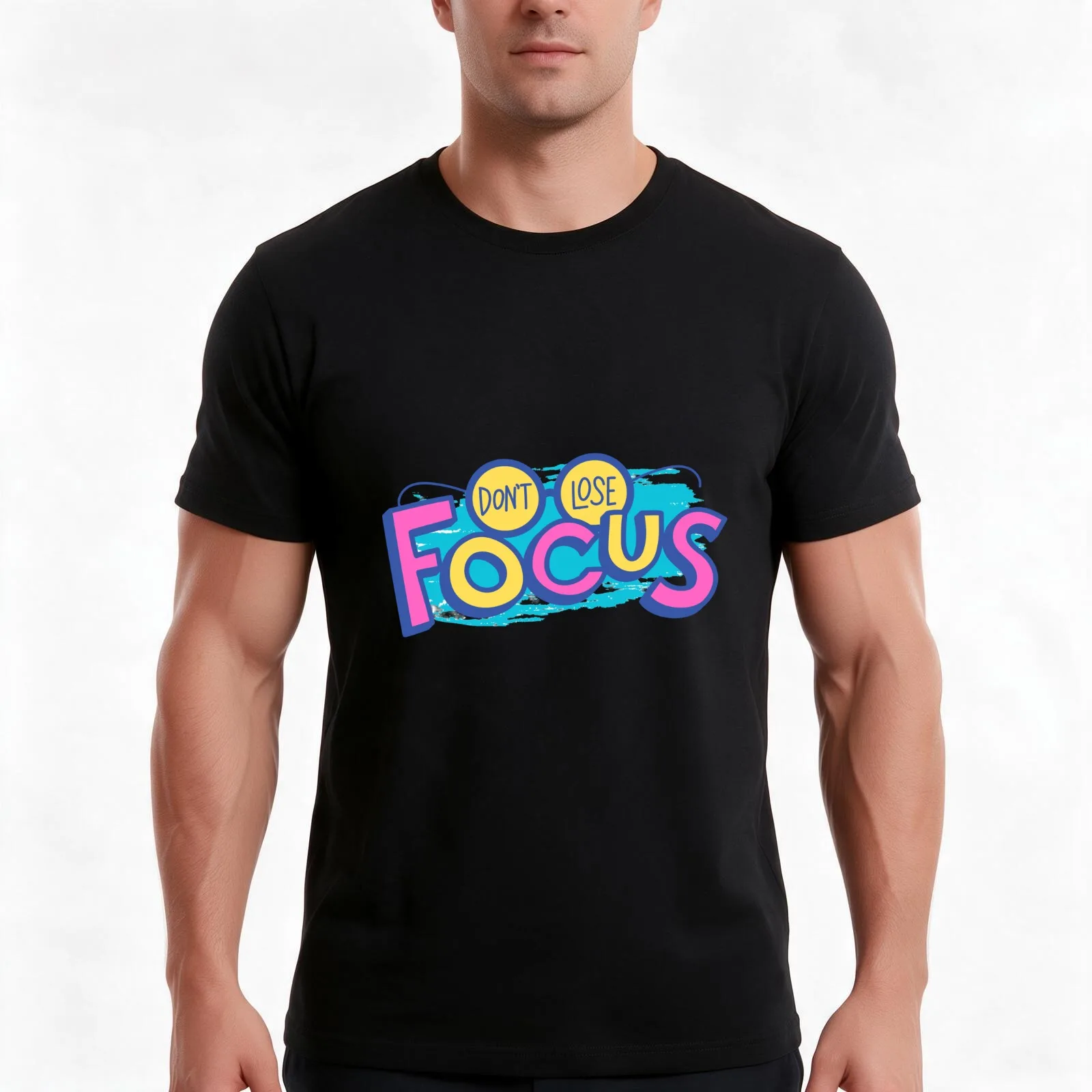 Focus T-Shirt, Summer Casual Cotton Tee, Oversized Streetwear Tops, Vintage Graphic Print, Loose Fit Short Sleeve, 100% Cotton