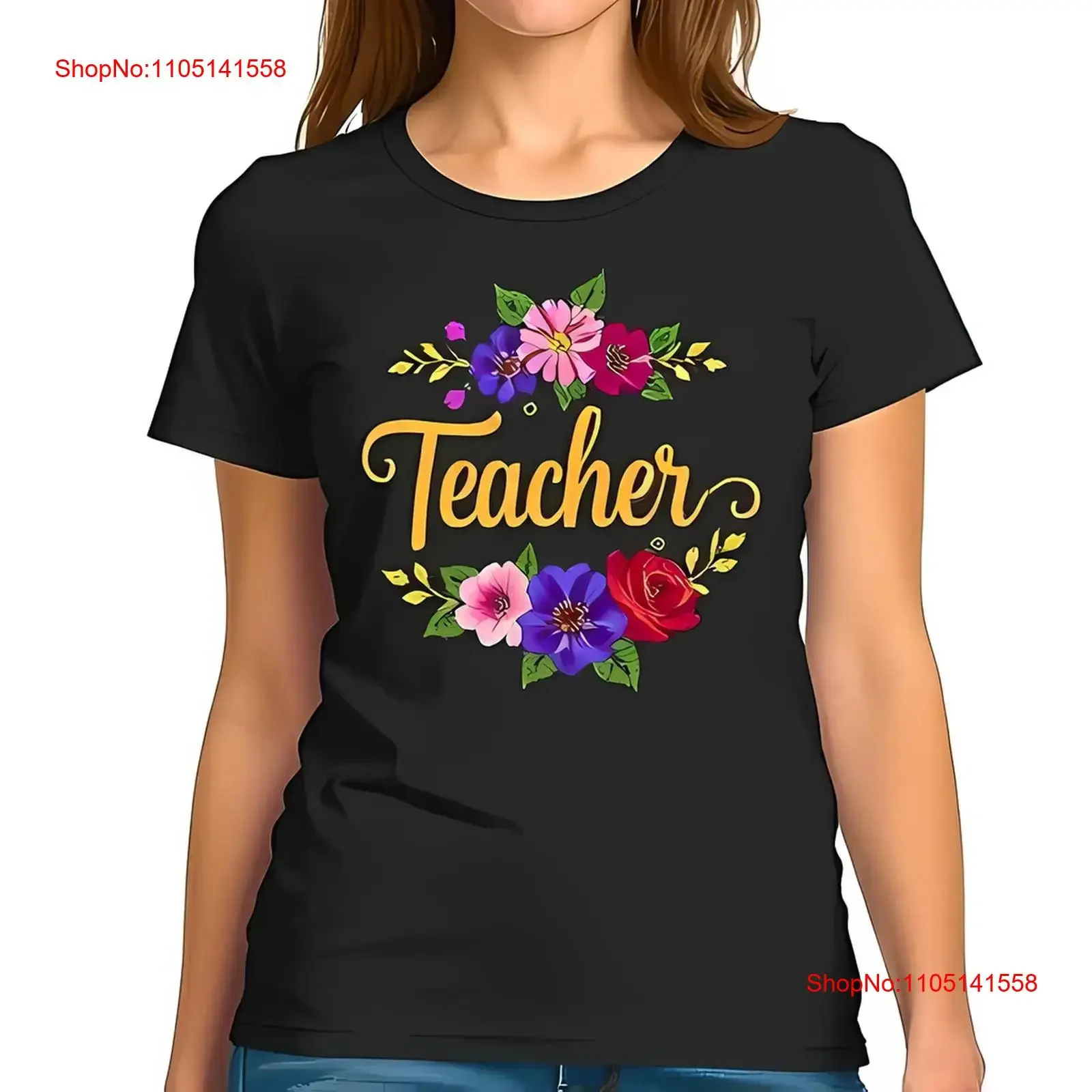 Floral Teacher T Shirt Black  with Vibrant Flower All cotton vintage Washed Versatile Soft Top For Everyday Wear fashion