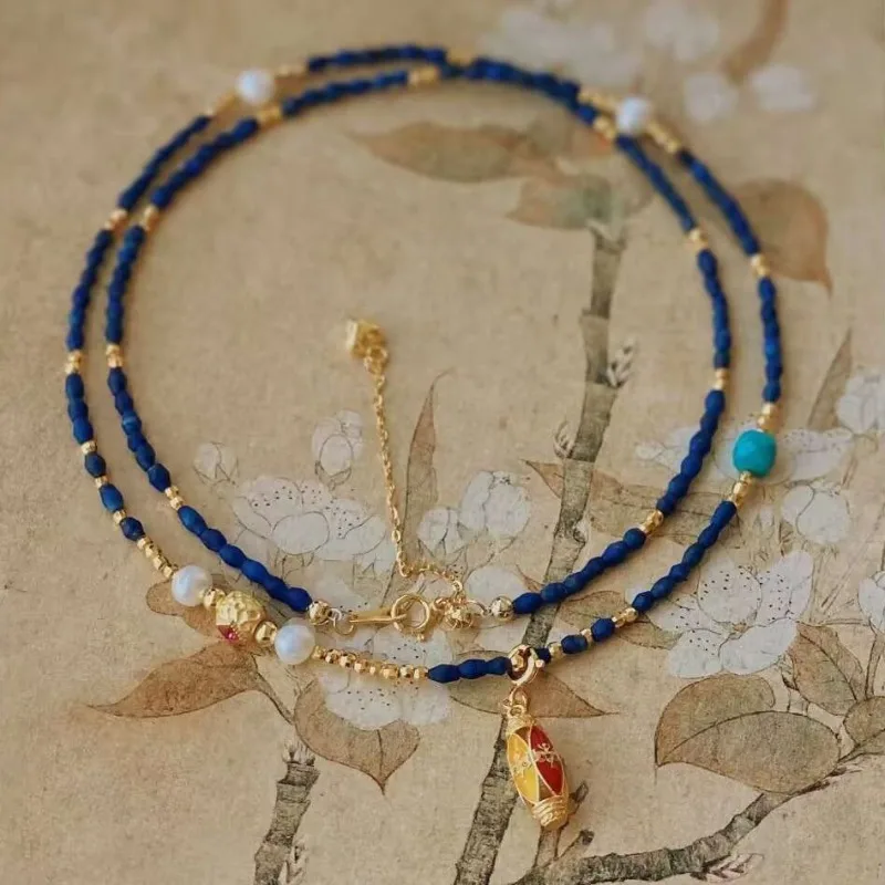 Handmade Lapis Lazuli Pearl Gold Plated Sterling Silver Necklace Original Neo Chinese Design French Style Women Beaded Jewelry