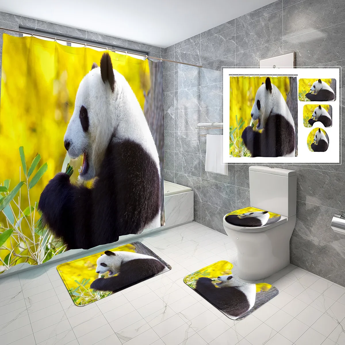 4-Piece Set Cute Panda Shower Curtain with Non-Slip Bath Mat,Toilet Lid Cover Waterproof Bath Curtain for Bathroom Decor