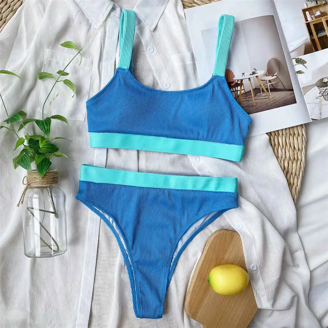 Neuer, verführerischer, gerippter Badeanzug mit aufgesetzten Elementen, hoch geschnittener Bikini, Damen-Badebekleidung, zweiteiliges Bikini-Set, Badeanzug, Badebekleidung, Modell V2329. – Detail 23