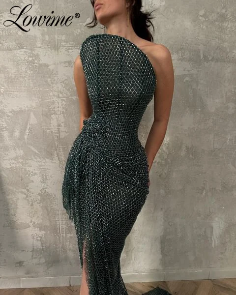 Green Long Prom Dresses Strapless High Split Side Mermaid Party Gowns Heavy Beads Arabic Evening Dress Engagement Evening Wear