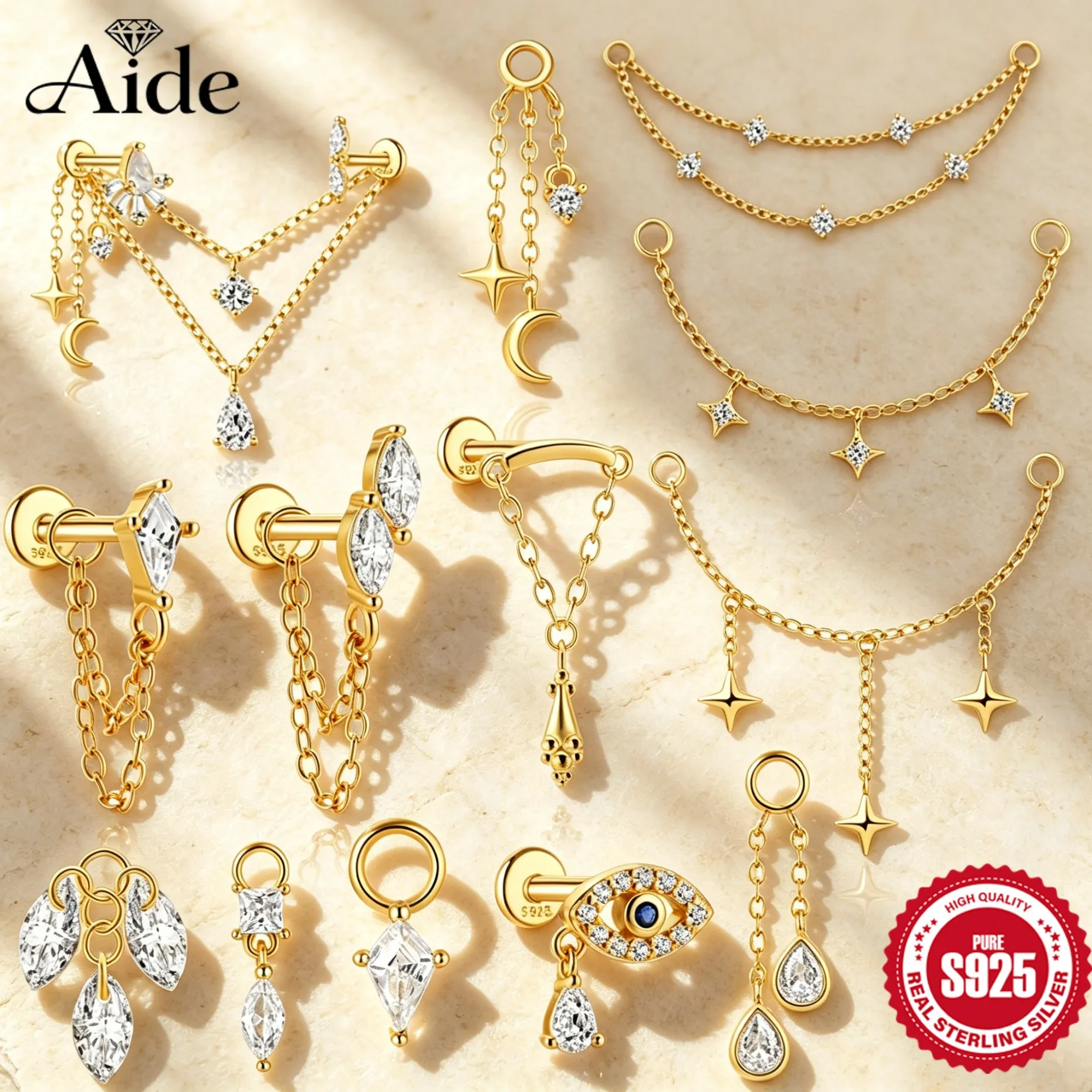 AIDE 1 Stück 925 Sterling Silber Ersatzteile Ketten Teil für Ohrstecker Piercing Creolen Tropfenohrring Damen Edlen Schmuck Geschenk