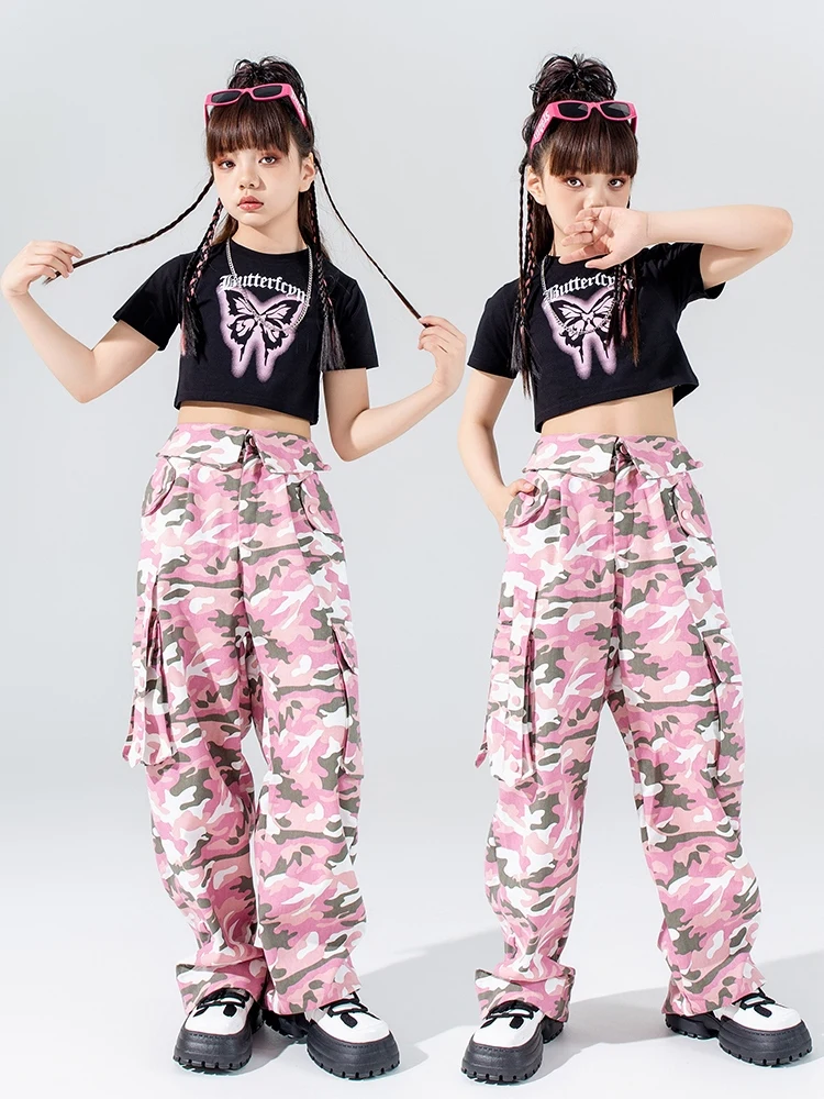 Girls Jazz Dance Clothes Hip Hop Costume Summer Black Crop Tops Fashion Pink Camouflage Pants Kpop Performance Clothing BL12957