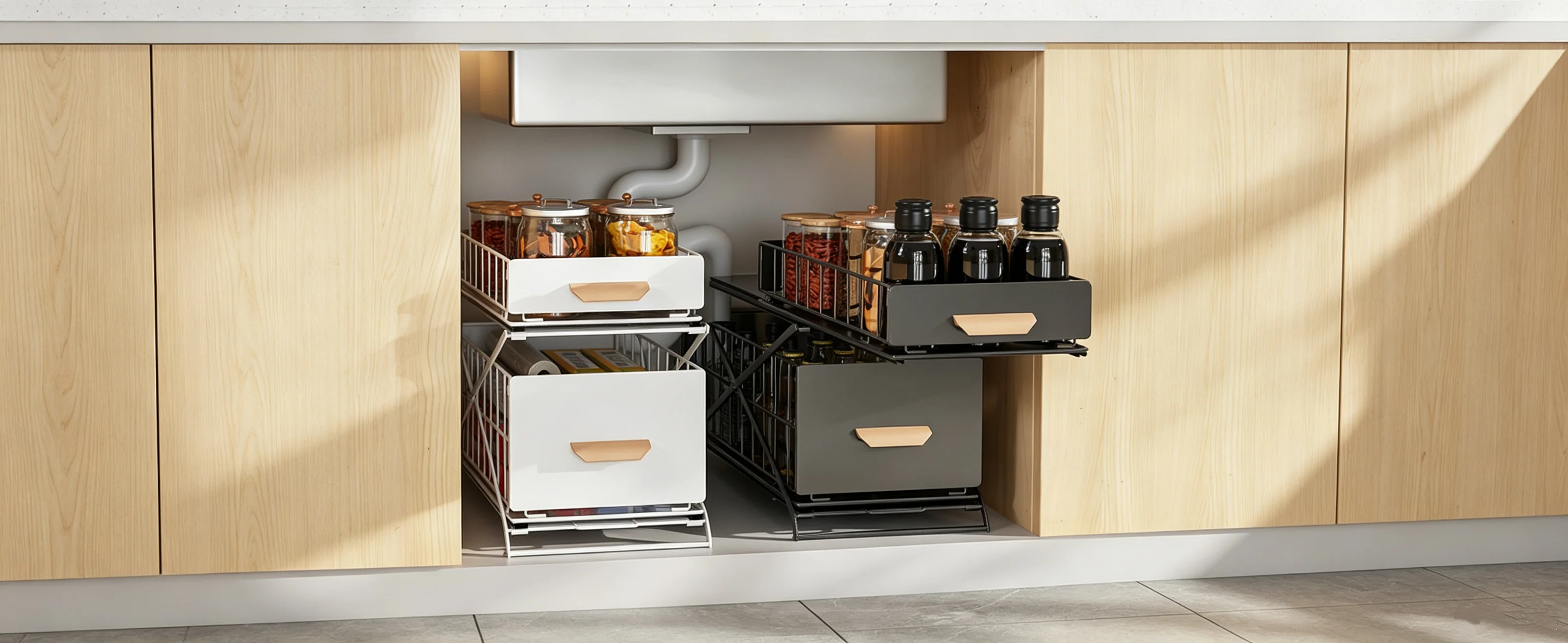 Unterschrank-Aufbewahrung - Ausziehbare Küchenschublade - 2-stufiges Metallregal für unter den Waschbecken - Gewürzregal - Badezimmer-Organizer mit Aufklappfunktion - Schwarz Weiß – Detail 2