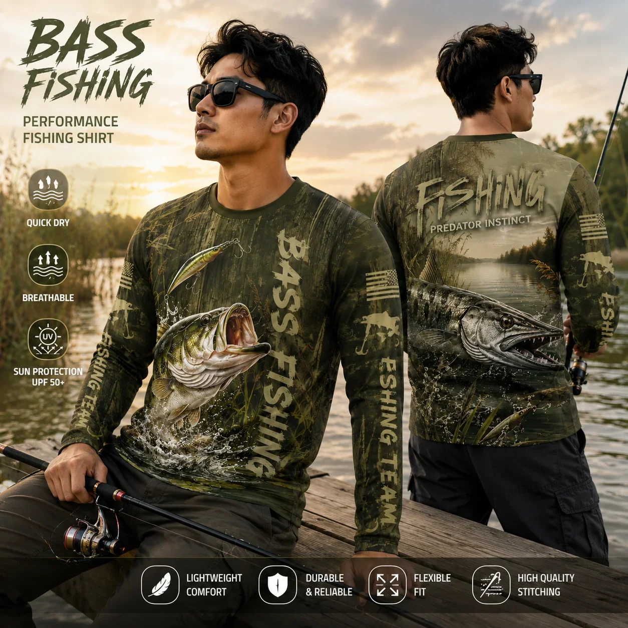 Men's Bass Fishing Long Sleeve T-shirt UPF50+ Sun Protection Quick Dry Breathable Camo Fishing Shirt Outdoor Angling Top