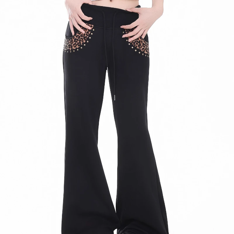 Pantalones informales acampanados con forro polar gris para mujer, diseño Vintage, estampado de leopardo, empalme, adelgazantes, hasta el suelo, para invierno