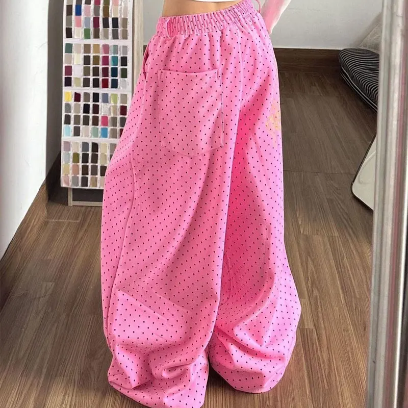 

American Dopamine Polka Dot Casual Pants Female Clothing Wide Leg Summer High Waist Elastic Stylish Printed Retro Loose Trousers