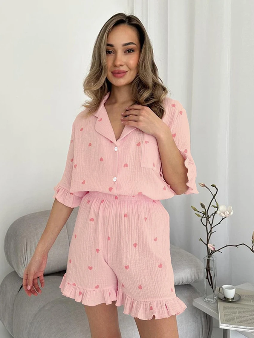 Marthaqiqi Casual Women Nightgowns Suit Sexy Turn-Down Collar Sleepwear Half Sleeve Nightwear Shorts Printing Ladies Pajamas Set
