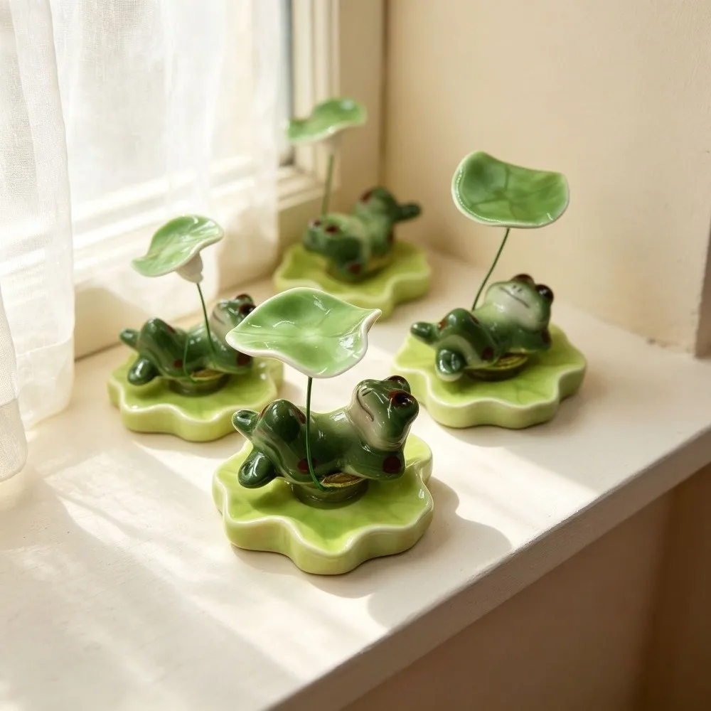 Interesting Ceramic Laying Frog Statue Lotus Leaf Home Ornaments Desktop Decoration Funny Attract Wealth Frog Rotating Gift