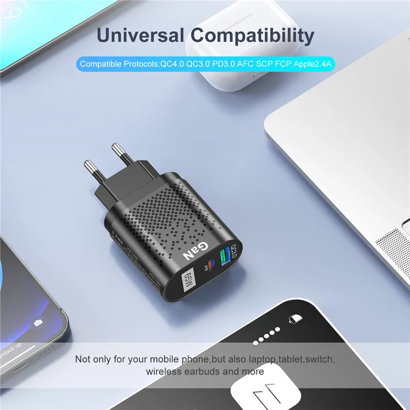 USLION 65W PD USB GaN Charger For MacBook QC 3.0 Fast Charge Type C Wall Charging For iPhone 13 Pro Max Samsung S21 ultra S20