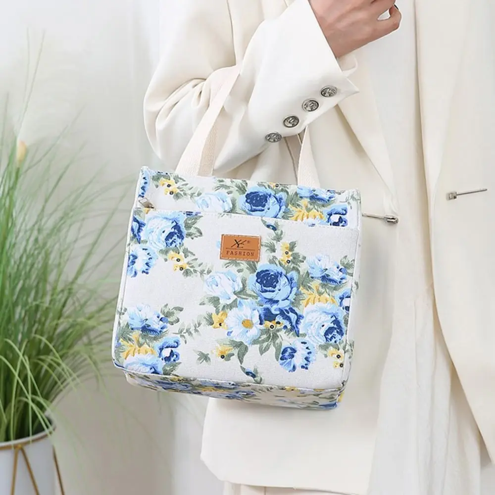 Insulated Floral Print Lunch Bag Foil Lining Large Capacity Handbag Zippered Japanese Style Thermal Picnic Bag Worker