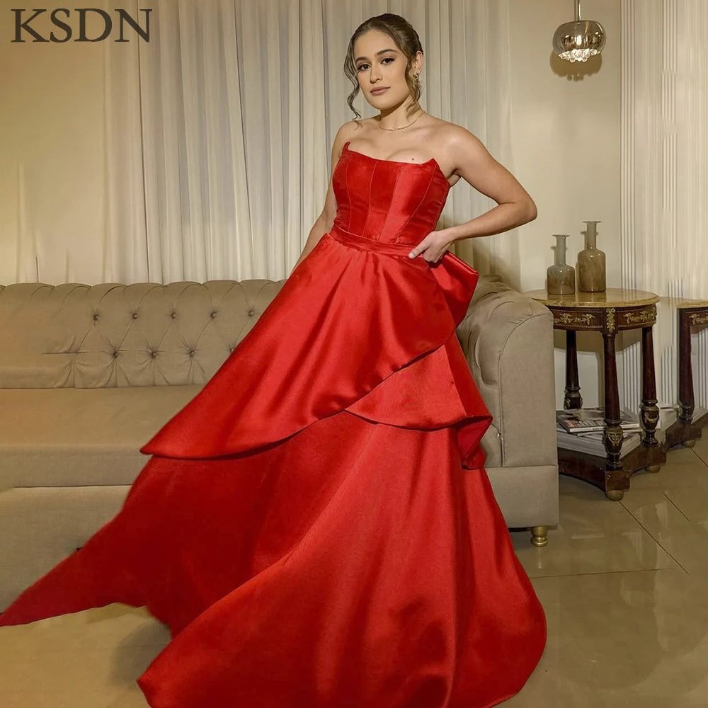 

KSDN Fashion Red Satin Evening Dresses High Quality Floor Length Back Bow Strapless Gowns Formal Occasion Women Dress Vestidos
