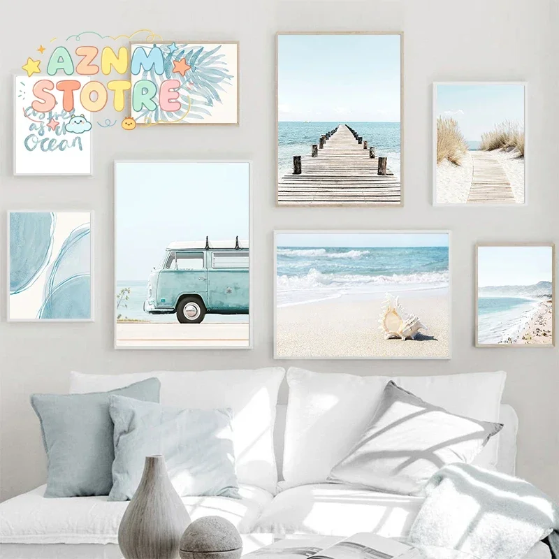 Ocean Beach Bridge Wall Art Canvas Paintings Sea Palm Tree Leaves Bus Posters Nordic Living Room Prints Pictures for Home Dec