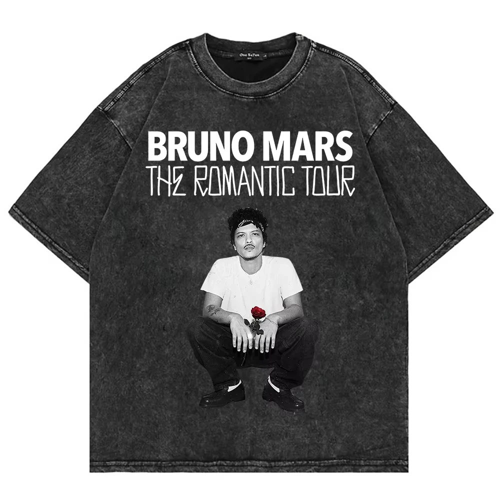 100% Cotton Vintage Washed Bruno Mars The Romantic Tour 2026 T Shirt Fashion Men/Women Retro Oversized Loose Acid Wash Tee Shirt