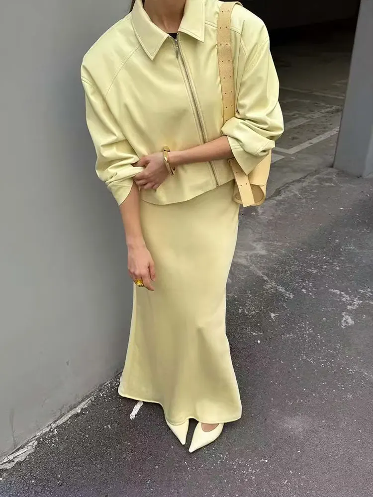 HH 여성 우아한 노란색 인조 가죽 재킷 턴다운 칼라 긴 소매 지퍼 코트 패션 하이 스트리트 여성 아우터웨어