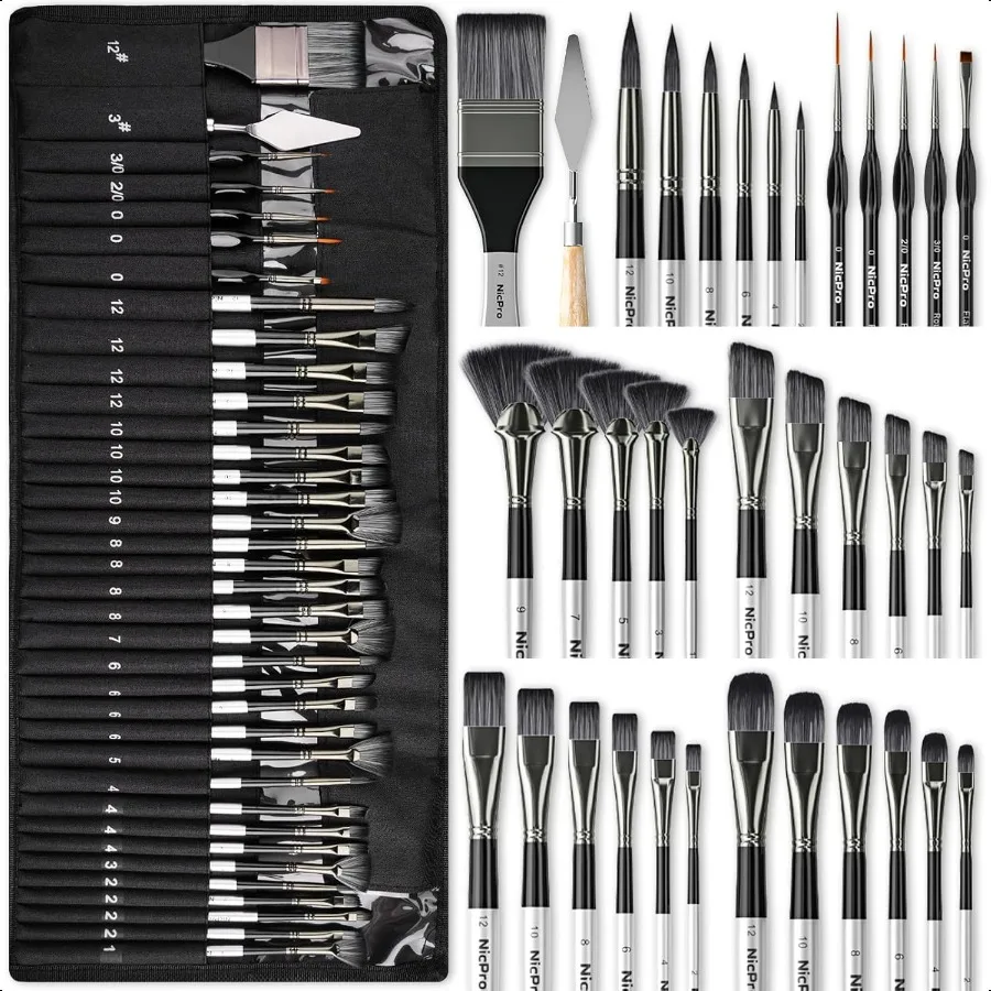

Nicpro 36pcs Paint Brush Set Profional Paintbrushes with Palette Knife and Cloth Roll Suitable for Artists and Beginners for Ac