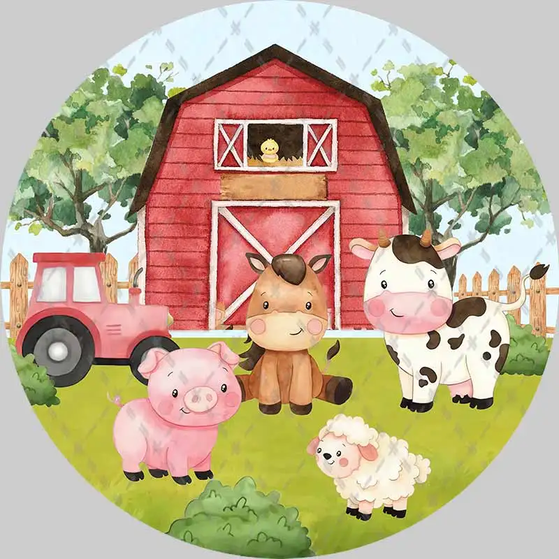 

Cute Watercolor Red Farm Animals Backdrop Photography Baby Shower Kids Birthday Round Background Party Banner Custom Name Pic