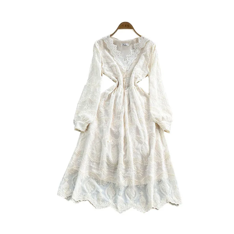 French Elegant Lace Embroidery Women Dress Classic Temperament V-Neck Long Sleeve A-Line Dresses Ladies White Long Dress