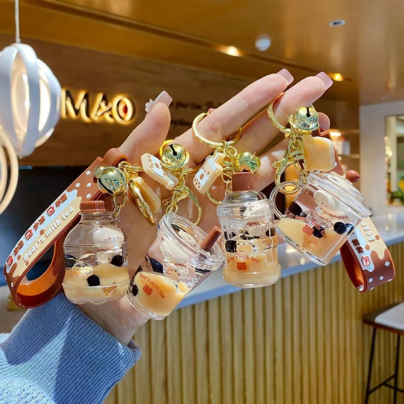 Cartoon Oil Floating Liquid Quicksand Bottle Pearl Milk Tea Bear Key Chain Cute Trendy Car Key Chain Pendant New