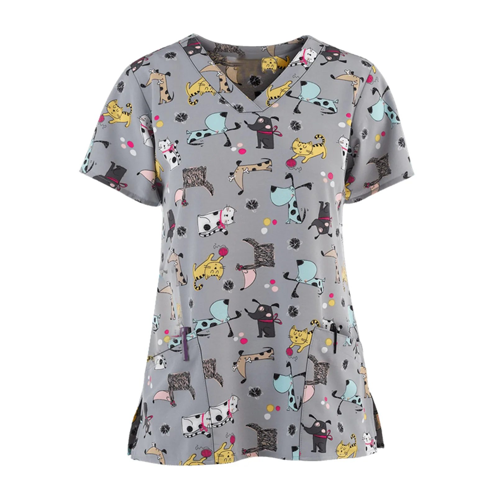 Scrub Tops Mulheres Manga Curta Com Decote Em V Tops Uniforme Enfermeira Cartoon Imprimir Trabalho Blusa Senhoras T-shirts Uniforme Enfermera Mujer