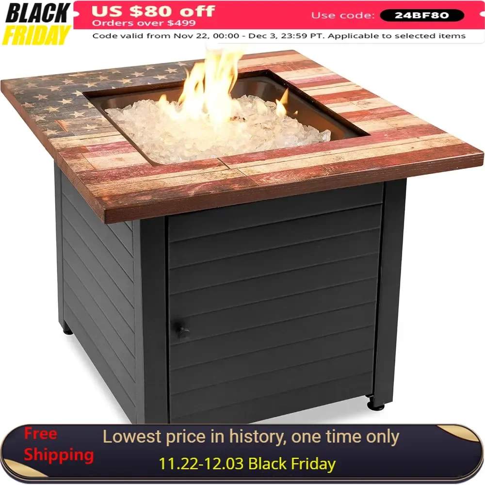 

30" Fire Pit Table, Includes White Fire Glass, Protective Cover, and Hide-Away Door, Square Outdoor Propane Fire Pit Table