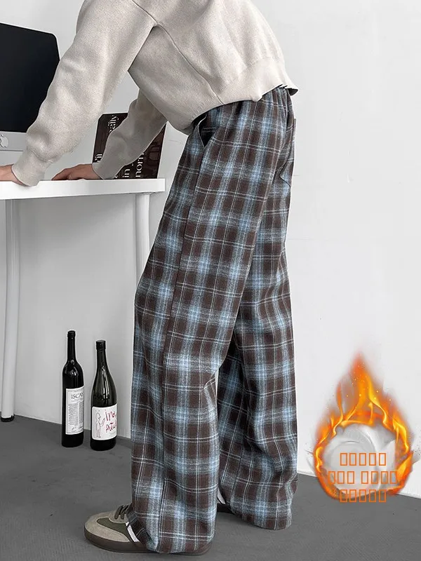 

Мужские зимние повседневные брюки Thiened Fce в клетку с низкой талией, прямые широкие штаны, утепленные длинные брюки, модные спортивные штаны для подростков
