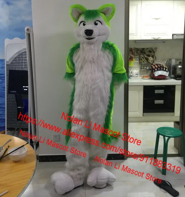 High Quality EVA Luxury Fur Lmitation Green Wolf Mascot Costume Cartoon Set Role Play Advertising Game Adult Size Gift 081