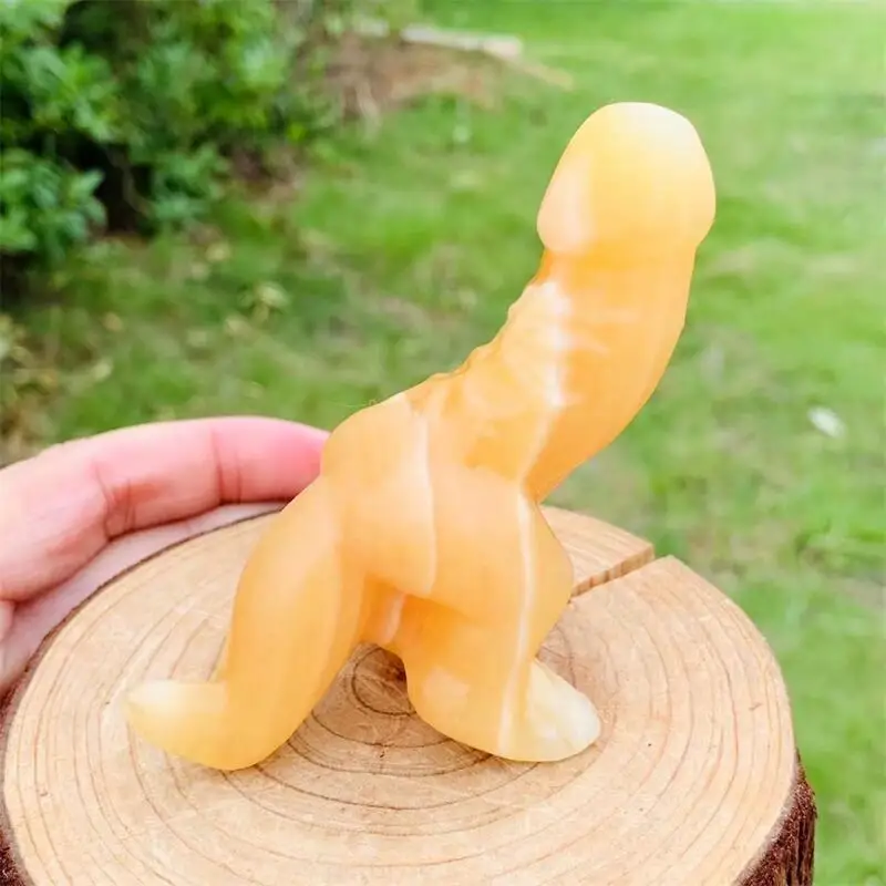 10cm Natural Orange Calcite  Penis Dinosaur Cartoon Carving Gemstones Mineral Energy Healing Reiki Home Decorations Gift 1pcs