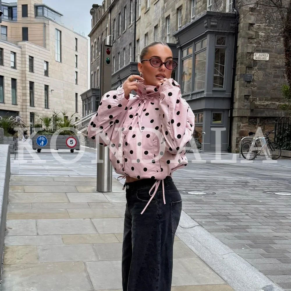KONDALA 2026 Spring Summer Casual sports Women Pink Polka Dot Jackets Fashion Elegant Ladies Going Out Graduation Vacation Tops