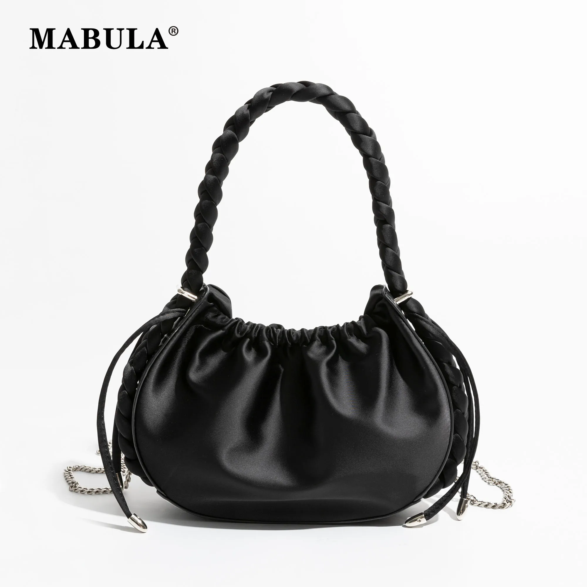 

MABULA Women's Summer Pleated Hobos Small Tote Detachable Chain Crossbody Black Nylon Handbag Fashion Hasp Closure Cloud Bag