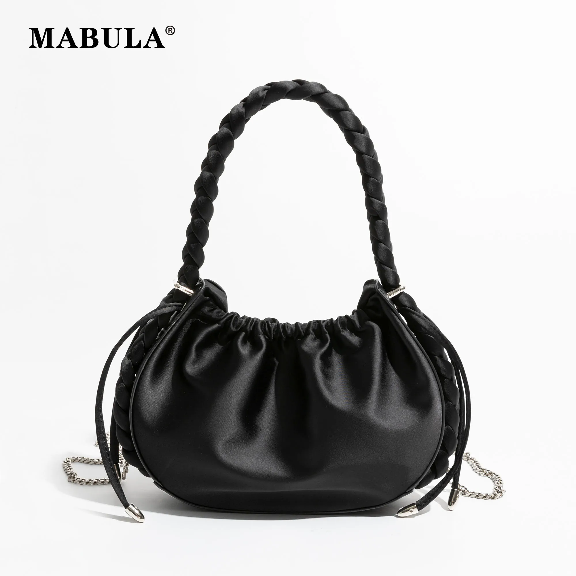 MABULA Women\'s Summer Pleated Hobos Small Tote Detachable Chain Crossbody Black Nylon Handbag Fashion Hasp Closure Cloud Bag