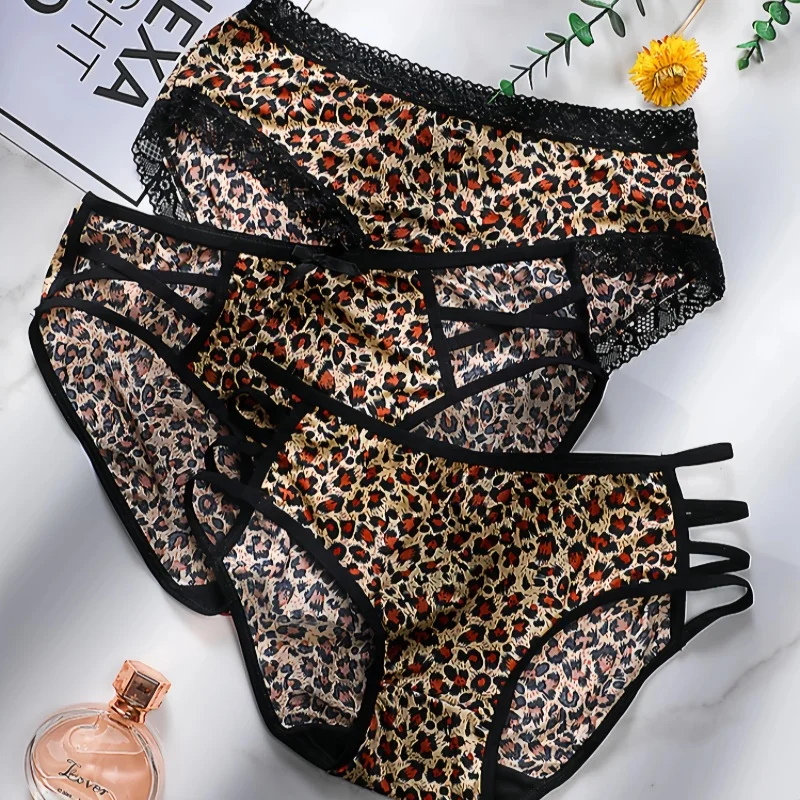 

3PCS Sexy hollow leopard print women's underwear, breathable lace elastic low waist briefs