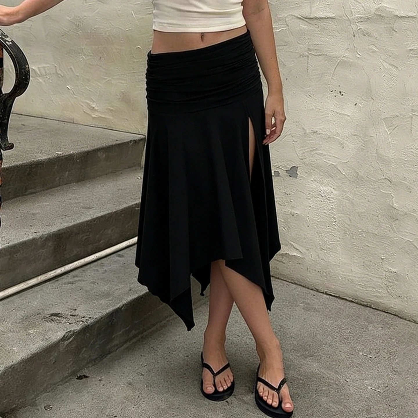 [RUOKE] Elegant Midi Skirt Women Spring Summer Irregular Split Skirt Ruched Bodycon Black Skirt Vacation Casual Office Outfit