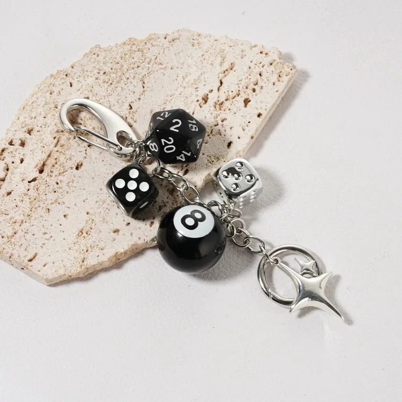 Black Dice Billiards Keychain Hiphop Lucky Dice Pendant Bag Charm Punk Cool Jewelry Accessories Bag Charms Birthday Gift