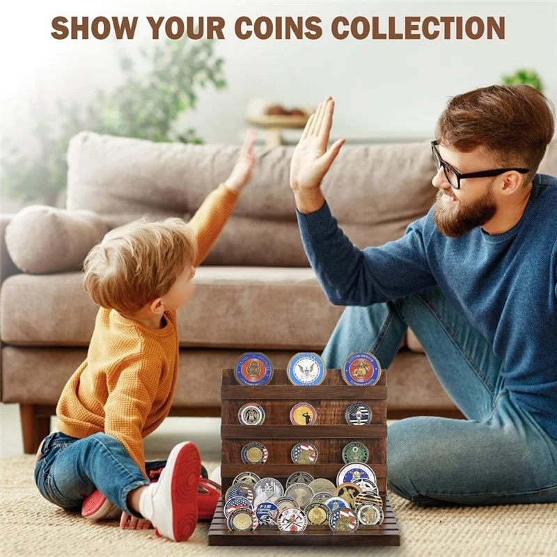 SHGO-حامل عرض العملات المعدنية الخشبية الصلبة، رف لـ 60 عملةًا، حامل عملات التحدي، حافظة #4