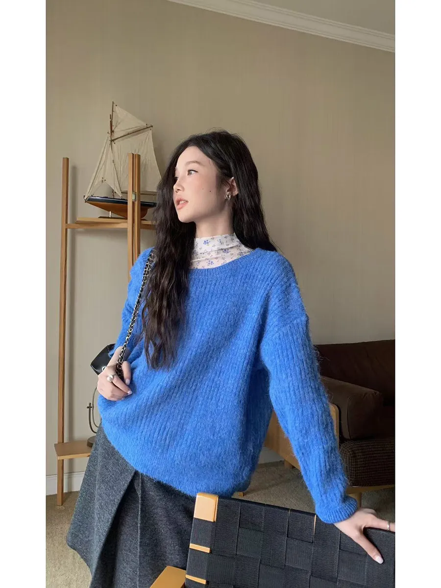 

Klein Blue Long Sleeve Knitted Sweater Women's Style Winter White Effect Korean Loose Fit Soft Knitwear round Neck Warm Top