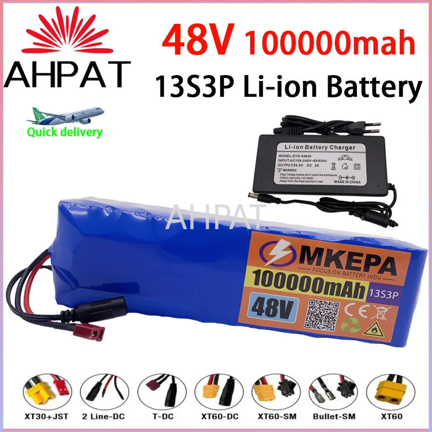 AHPAT النقل الجوي AHPAT New48V100Ah 1000 واط 13S3P 48 فولت بطارية ليثيوم أيون 100000 مللي أمبير ل 54.6 فولت مع BMS + شاحن