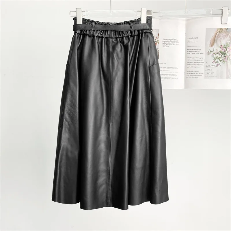 2023 Women New Ruffled Elastic Belt Simple Genuine Leather Skirt High Waist Real Sheepskin Leather Skirt E12