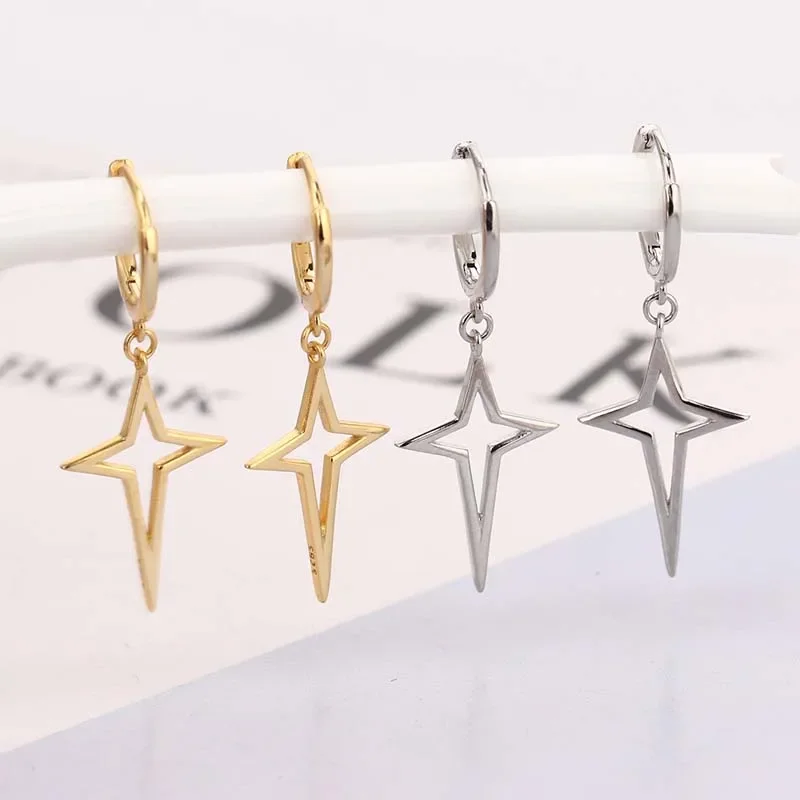 Pendientes colgantes de estrella con aros huecos cruzados geométricos simples, Color dorado y plateado, joyería de estilo coreano, Pendientes Piercing