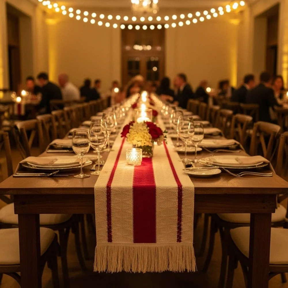 Red Stripes Bohemian-Style Table Runner Weaving Design Rectangular Tablecloth Non-slip With Tassel Dinning Table Cover Party